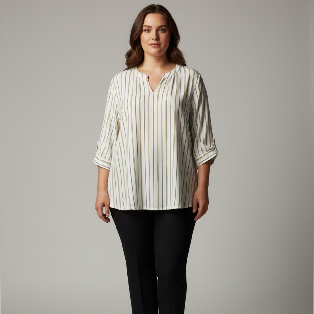 PerSéption Women's Plus 3X Striped pullover blouse White greenish Yellow black